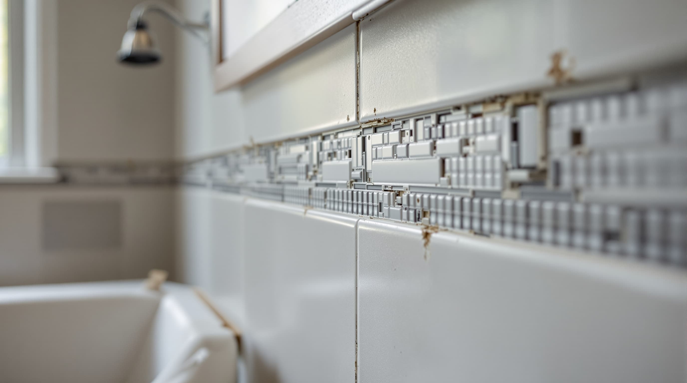 Tiled tub surround with a mosaic accent band