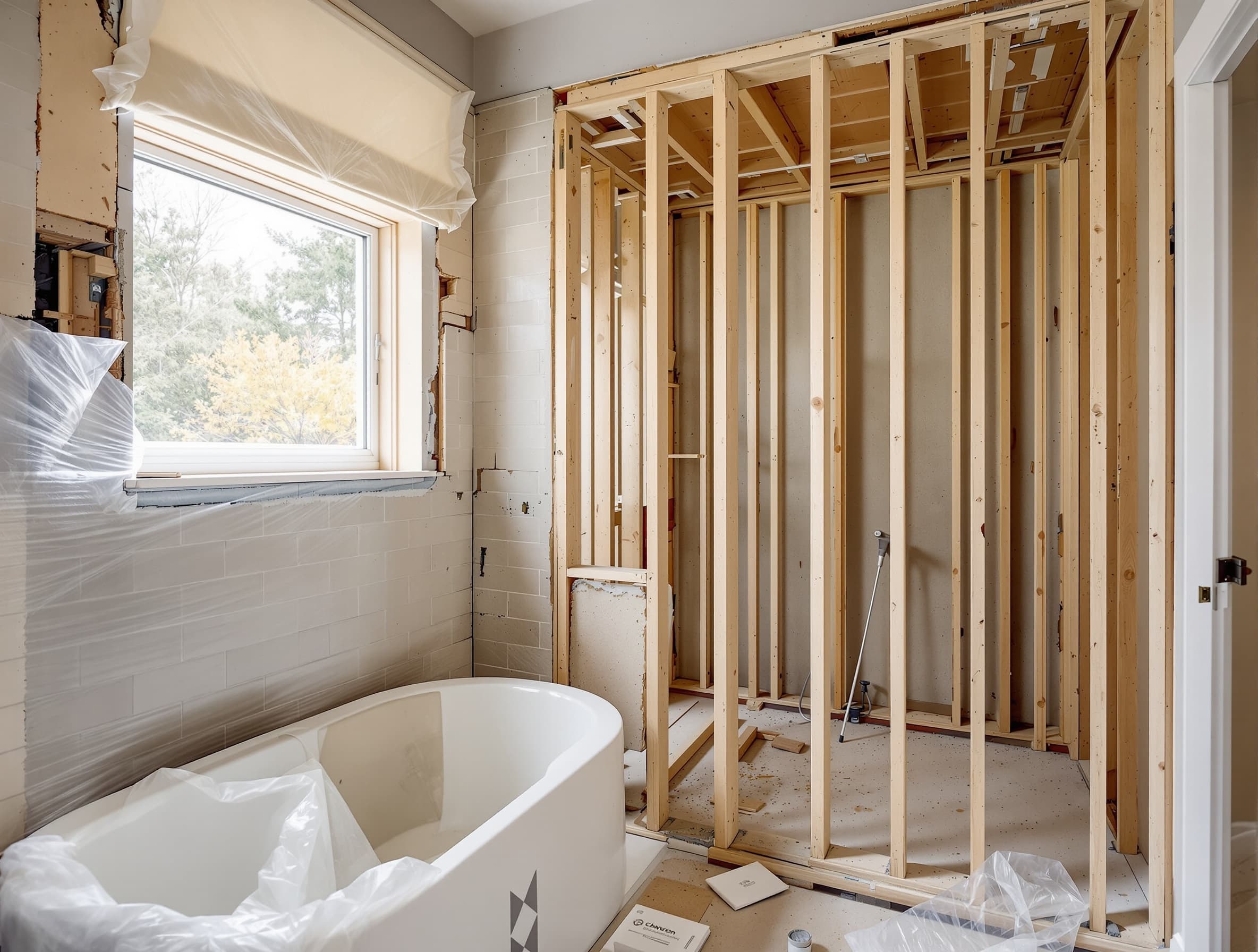 Bathroom opened to the studs with the tub protected under plastic