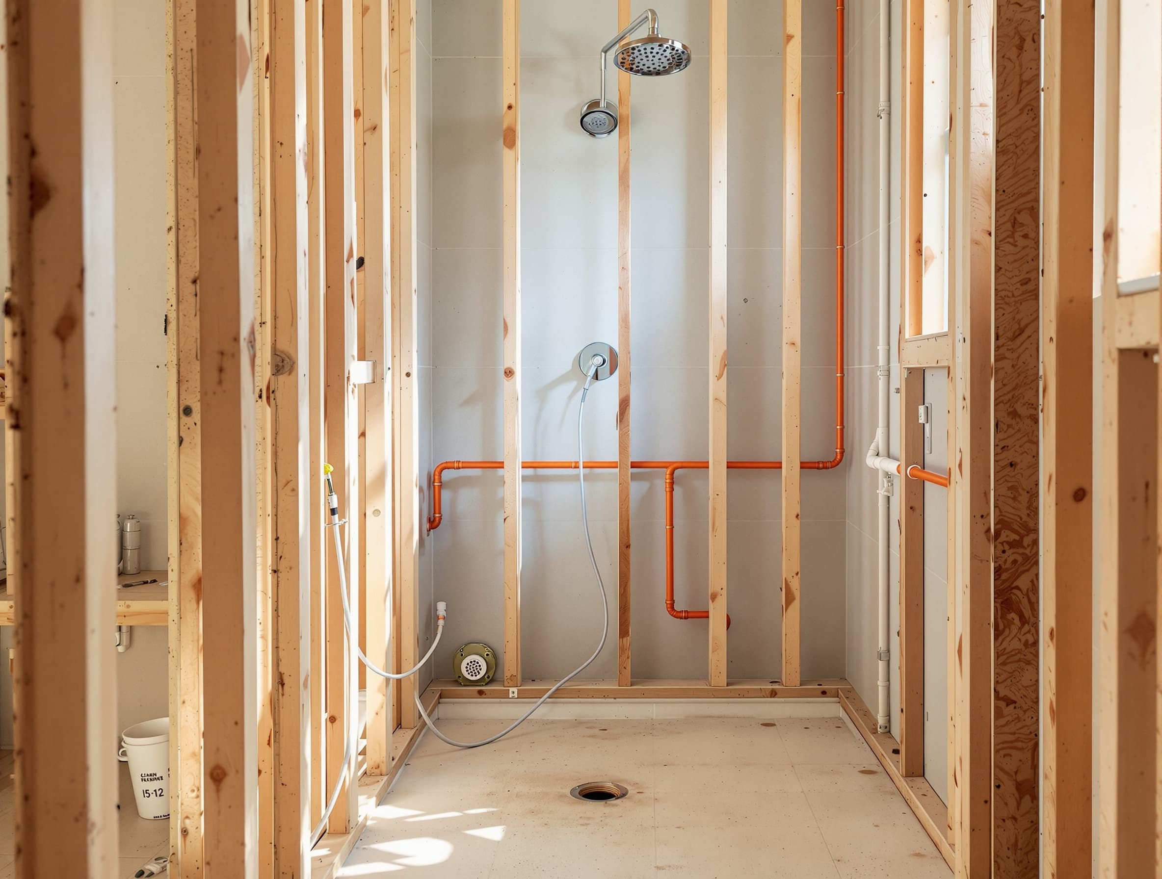 Open stud wall with new supply lines roughed in, ready for inspection